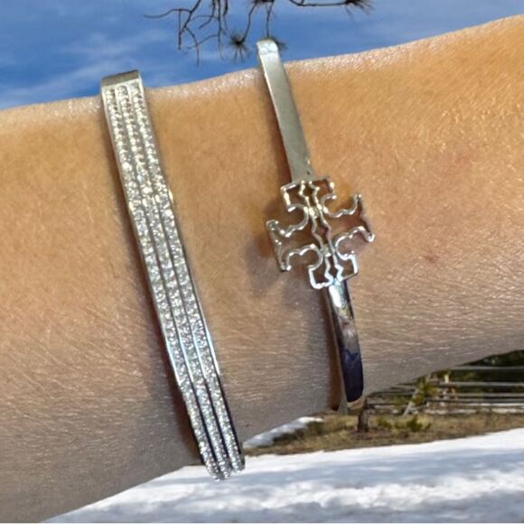 TORY BURCH LOGO DOUBLE T OPEN CUFF SILVER BRACELET - Picture 3 of 4